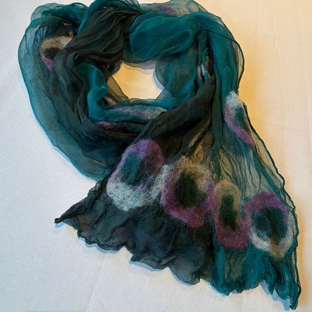 Felted Wool Silk Nuno Scarf Earth tones Turquoise Purple